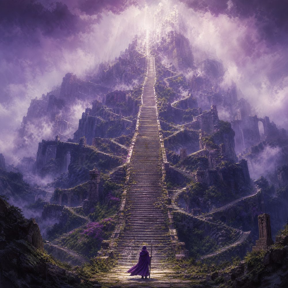 A cloaked traveller at the foot of an enormous stone staircase climbing into violet cloud, side paths branching away