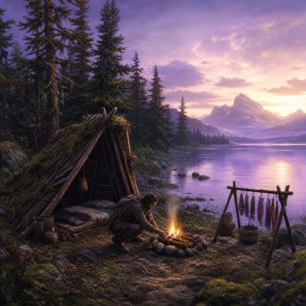 A small lakeside camp at dawn with a lean-to shelter, drying rack and a figure crouched at a fire
