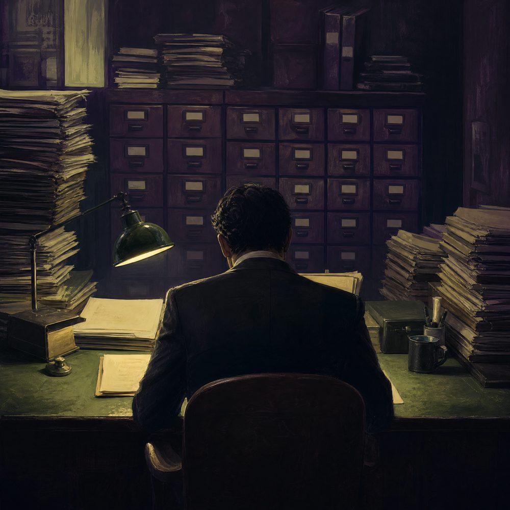 A figure seated at a desk in a dim records office surrounded by tall stacks of paper files and a wall of small drawers