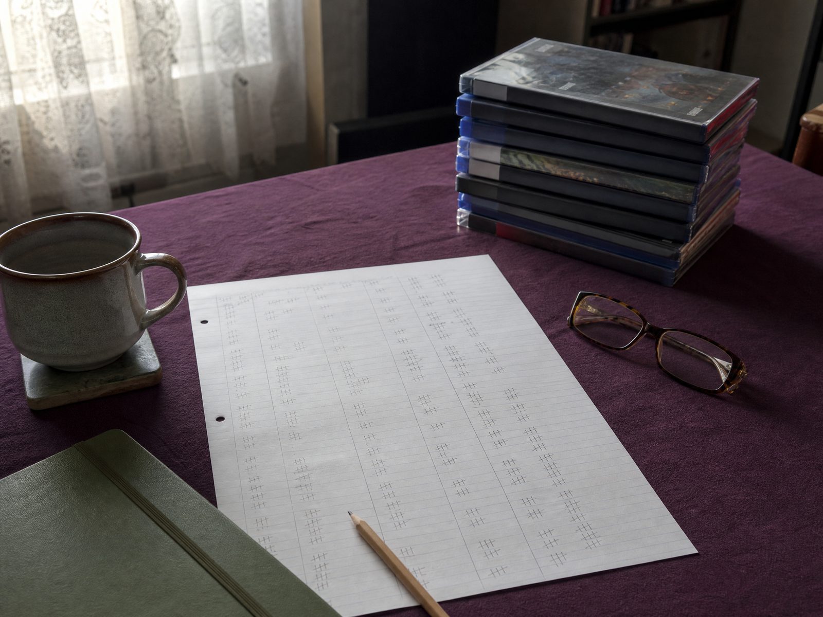 A desk with a large ruled sheet of tally marks, a mug, reading glasses and a stack of unopened game cases